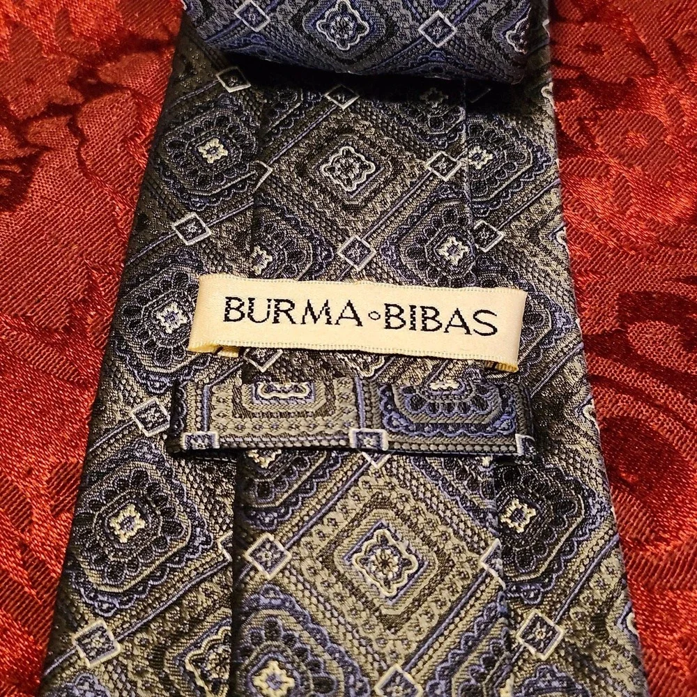 Burma Bibas Blue and Silver Geometric Pattern 100% Silk Tie